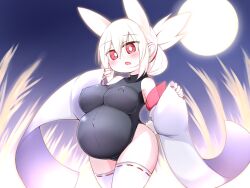  animal_ears bare_shoulders belly big_belly black_leotard breasts bright_pupils covered_navel cowboy_shot female full_moon hair_between_eyes highres hiyayakko428 leotard moon navel night night_sky nipples original outie_navel pregnant sky solo stomach tail thighhighs white_pupils white_thighhighs 
