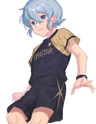  1boy blue_eyes blue_hair chiba_(satochikasmart) commentary_request hair_between_eyes highres inazuma_eleven_(series) inazuma_eleven_ares_no_tenbin looking_at_viewer male_focus open_mouth raglan_sleeves saotome_seiya shorts simple_background soccer_uniform solo sportswear white_background 