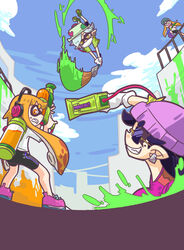  +_+ 4girls baseball_cap battle beanie bike_shorts black_hair blue_hair callie_(splatoon) commentary_request earrings gun_to_head hat headphones incoming_attack ink_tank_(splatoon) inkbrush_(splatoon) inkling inkling_girl inkling_player_character jewelry marie_(splatoon) mask mouth_mask multiple_girls paint paint_splatter paintbrush pointy_ears seki_(red_shine) shirt shoes sneakers splatoon_(series) splatoon_1 splattershot_(splatoon) splattershot_jr_(splatoon) squidbeak_splatoon sunglasses super_soaker surgical_mask sweatdrop t-shirt 