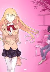  1boy a_certain_high_school_uniform arms_behind_back bad_id bad_pixiv_id bag black_skirt blazer blonde_hair bow bowtie closed_eyes colorized dress_shirt female floating_hair haimura_kiyotaka hair_between_eyes highres holding holding_bag jacket kamijou_touma long_hair miniskirt novel_illustration official_art outdoors pants pleated_skirt polaris55740 red_bow red_bowtie school_uniform shirt shokuhou_misaki sitting skirt smile thighhighs toaru_majutsu_no_index toaru_majutsu_no_index:_new_testament tokiwadai_school_uniform uniform very_long_hair white_shirt white_thighhighs winter_uniform zettai_ryouiki 