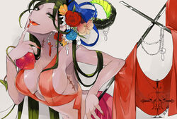  bad_id bad_pixiv_id bow breasts cleavage cross earrings female finger_to_mouth flower green_eyes green_hair hair_flower hair_ornament hairbow horns jewelry kotobuki_(medetai) large_breasts long_hair looking_at_viewer nail_polish pixiv_fantasia pixiv_fantasia_fallen_kings red_nails revealing_clothes scar solo 