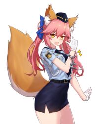  absurdres animal_ear_fluff animal_ears breasts commentary_request cuffs fate/extella fate/extra fate_(series) female female_service_cap fox_ears fox_tail gloves handcuffs hat highres large_breasts miniskirt narynn necktie oerba_yun_fang official_alternate_costume open_mouth pencil_skirt pink_hair police police_hat police_uniform policewoman simple_background skirt solo tail tamamo_(fate) tamamo_no_mae_(fate/extra) tamamo_no_mae_(police_fox)_(fate) uniform white_background yellow_eyes 