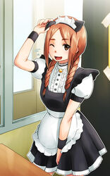  ;d alternate_costume animal_ears apron bell between_legs blush braid brown_eyes brown_hair cat_ears commentary_request enmaided eyebrows fake_animal_ears female flying_sweatdrops flying_witch frilled_apron frills hand_between_legs ishiwatari_nao jingle_bell long_hair looking_at_viewer maid maid_headdress one_eye_closed open_mouth puffy_short_sleeves puffy_sleeves short_sleeves smile solo standing tara_baka_ni twin_braids waist_apron window wristband 