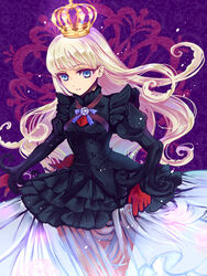  arched_crown blonde_hair blue_eyes commentary_request crown dress female gloves gold_crown haou jeweled_crown long_hair purple_background rose_witch see-through shiei_no_sona-nyl smile solo steampunk_(liarsoft) white_dress 