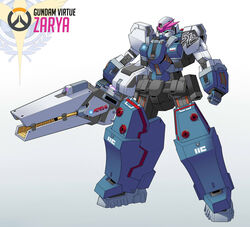  absurdres beam_cannon character_name clenched_hand commentary crossover decal exaxuxer female full_body gun gundam gundam_00 gundam_virtue highres holding holding_gun holding_weapon huge_weapon mecha mecha_focus mechanization no_humans overwatch overwatch_1 robot science_fiction solo standing weapon zarya_(overwatch) 