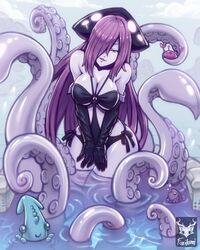  artist_name bare_shoulders black_gloves breasts cleavage commentary_request commission crab elbow_gloves female fish foxilumi gloves hair_over_one_eye kraken_(monster_girl_encyclopedia) large_breasts light_smile long_hair looking_at_viewer monster_girl monster_girl_encyclopedia pale_skin parted_lips partially_submerged purple_eyes purple_hair scylla solo squid suction_cups tentacle very_long_hair water 