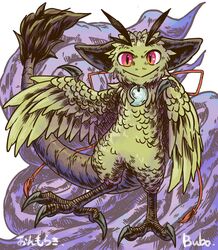  anthro bubonikku fangs feathered_wings feathers feet imp looking_at_viewer male noseless purple_eyes simple_background smile solo talons tan_body tan_feathers teeth toes wings 