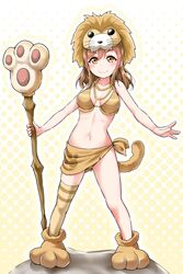  &gt;:) bikini bikini_top_only blush breasts brown_bikini brown_hair collarbone commentary_request female full_body halftone halftone_background highres holding holding_staff jewelry kunikida_hanamaru lion_hood lion_tail loincloth looking_at_viewer love_live! love_live!_school_idol_festival love_live!_sunshine!! medium_breasts midriff navel necklace paw_print paw_shoes paw_stick single_thighhigh solo staff standing swimsuit tail thighhighs v-shaped_eyebrows yellow_eyes yopparai_oni 