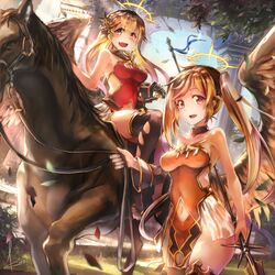  2girls :d angel artist_name black_legwear blurry braid breasts bright_pupils brown_hair commentary_request day depth_of_field detached_sleeves dress dutch_angle gauntlets hair_ribbon half_updo halo hand_on_hilt horse kantai_collection kito_(kito2) leaf long_hair medium_breasts multiple_girls murasame_(kancolle) navel oerba_yun_fang open_mouth outdoors pelvic_curtain pink_eyes polearm protected_link red_eyes ribbon short_dress side_braid single_detached_sleeve single_gauntlet single_thighhigh single_wing sitting smile spear strapless strapless_dress sunlight swept_bangs thighhighs toeless_legwear twintails weapon wings yuudachi_(kancolle) yuudachi_kai_ni_(kancolle) 