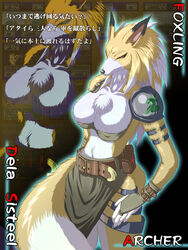  2009 3:4 5_fingers anthro blonde_hair breasts canid canine clothed clothing dora_systeel feda:_the_emblem_of_justice female fingers fox hair japanese_text kumakan mammal partially_clothed solo text translation_request 