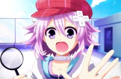  absurdres cabbie_hat commentary d-pad d-pad_hair_ornament english_commentary female hair_ornament hat highres looking_at_viewer magnifying_glass neptune_(neptunia) neptune_(series) open_mouth planeptune purple_hair short_hair solo 