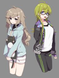  2girls :d ahoge bad_id bad_pixiv_id black-framed_eyewear black_jacket black_pants blue_eyes blue_jacket blush breasts brown_hair closed_mouth collarbone commentary_request cropped_legs drawstring genderswap_(mtf) glasses green_hair grey_background grey_eyes hair_between_eyes hair_ornament hairclip hand_up hood hood_down hooded_jacket hooded_track_jacket jacket kanae_(1st_costume)_(nijisanji) kanae_(nijisanji) long_hair long_sleeves loungewear mole mole_under_eye multiple_girls nijisanji open_clothes open_jacket open_mouth pants roto_(kanae) rule_63 semi-rimless_eyewear shibuya_hajime shibuya_hajime_(1st_costume) shirt short_shorts shorts simple_background sleeves_past_wrists small_breasts smile striped_clothes striped_shorts stuffed_animal stuffed_cat stuffed_toy track_jacket track_pants under-rim_eyewear very_long_hair virtual_youtuber white_shirt yamabukiiro 