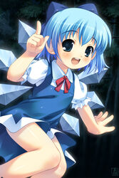  :d akiba_hideki blouse blue_bow blue_dress blue_eyes blue_hair blue_wings blush bow cirno dress female flat_chest hairbow ice ice_wings index_finger_raised looking_at_viewer neck_ribbon open_mouth puffy_short_sleeves puffy_sleeves red_ribbon ribbon round_teeth shirt short_hair short_sleeves smile solo teeth touhou white_shirt wing_collar wings 