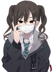  bad_id bad_pixiv_id black_hair brown_eyes coat collared_shirt commentary expressionless female hand_on_mask hood hood_down hooded_coat idolmaster idolmaster_cinderella_girls long_sleeves looking_at_viewer mask mattaku_mousuke mole mole_under_eye mouth_mask necktie photoshop_(medium) polka_dot_necktie school_uniform shirt simple_background solo striped striped_necktie sunazuka_akira surgical_mask upper_body white_background white_shirt wing_collar 