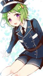  1boy aina123 bad_id bad_pixiv_id blush green_hair hat male_focus military military_uniform mouri_toushirou necktie open_mouth purple_eyes shorts smile touken_ranbu uniform 