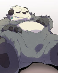  bear better_version_at_source bodily_fluids bulge generation_6_pokemon giant_panda leaf male mammal nintendo pangoro pokemon pokemon_(species) shirosaru simple_background slightly_chubby solo sweat white_background 