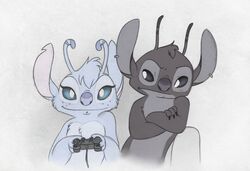  2016 alien antennae_(anatomy) ark_(solosandwich) arms_bent arms_in_front arms_together black_body black_claws black_eyes black_fur blue_eyes chamille cheek_tuft chest_tuft claws controller cord countershading crossed_arms disney dualshock dualshock_3 duo ear_piercing experiment_(lilo_and_stitch) eyelashes facial_piercing facial_tuft fan_character female freckles fur game_controller gaming grey_background grey_body grey_countershading grumpy hand_on_arm hand_on_forearm hand_on_own_arm hand_on_own_forearm head_tuft hi_res holding_arm holding_controller holding_forearm holding_game_controller holding_object leaning leaning_sideways lilo_and_stitch looking_aside looking_at_viewer male mixed_media notched_ear periwinkle_fur piercing playing_video_game playstation playstation_3 playstation_button_symbol playstation_controller pupils purple_nose questioning simple_background smile solosandwich sony_corporation sony_interactive_entertainment tuft white_background white_pupils wired_controller 