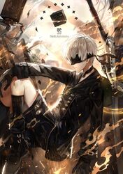  1boy 9s_(nier:automata) black_blindfold black_choker black_footwear black_gloves black_jacket black_legwear black_shorts blindfold boots brown_background choker commentary_request copyright_name from_side gloves highres jacket long_sleeves machine male_focus nier:automata nier_(series) parted_lips profile shorts solo tsugutoku white_hair yellow_background 