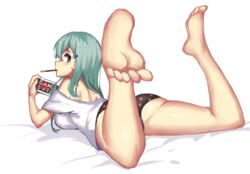  aqua_hair ass back bad_id bad_pixiv_id bare_shoulders barefoot blue_eyes breasts feet female food food_in_mouth full_body handheld_game_console kantai_collection large_breasts long_hair looking_at_viewer looking_back lying off_shoulder on_stomach panties playstation_portable pocky polka_dot polka_dot_panties soles solo suzuya_(kancolle) the_pose underwear wulazula 