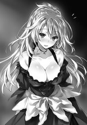  :d blush braid breasts cleavage collarbone crown_braid dress female floating_hair freckles greyscale hair_between_eyes head_tilt highres jewelry kuro_shishi_jou_kitan large_breasts long_hair long_sleeves looking_at_viewer monochrome necklace non-web_source novel_illustration off-shoulder_dress off_shoulder official_art open_mouth shiny_skin smile solo standing very_long_hair yasaka_minato 