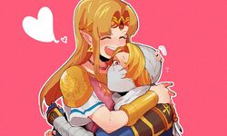  2girls armor beachricefield blonde_hair blush closed_eyes commentary_request dual_persona highres hug long_hair multiple_girls pointy_ears princess_zelda red_eyes reverse_trap sheik smile super_smash_bros. surcoat the_legend_of_zelda the_legend_of_zelda:_a_link_between_worlds the_legend_of_zelda:_ocarina_of_time turban 