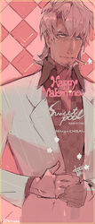  1boy argyle_background beard character_name closed_mouth copyright_name facial_hair food formal happy_valentine kitani_kouhei looking_at_viewer male_focus mullet namaniku_atk nitro+_chiral own_hands_together photoshop_(medium) pink_background pocky serious simple_background solo suit sweet_pool upper_body valentine watermark 