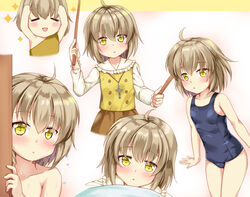  :&lt; =_= ahoge blush blush_stickers brown_hair chibi collarbone commentary_request drumsticks female kaneshiro_sora looking_at_viewer multiple_views niiya school_swimsuit short_hair swimsuit tenshi_no_3p! water_drop yellow_eyes 