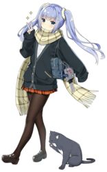  aircraft airplane animal azur_lane bag black_cat black_jacket blue_eyes blue_hair blush buttons closed_mouth expressionless eyebrows feline female full_body hair_ornament handbag heart jacket licking_paw long_hair looking_at_viewer official_alternate_costume orange_skirt pantyhose pet plaid plaid_scarf plaid_skirt pocket scarf shirt shoes skirt sky-freedom sleeves_past_wrists solo sparkle transparent_background turret twintails undershirt v vincennes_(azur_lane) vincennes_(leisurely_abc&#039;s)_(azur_lane) vought_os2u_kingfisher white_shirt 