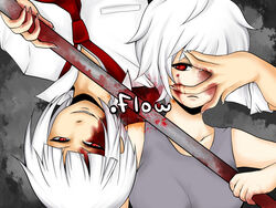  .flow 1boy album_cover blood commentary_request copyright_name cover female hand_on_another&#039;s_face kaibutsu lead_pipe looking_at_viewer necktie oboro_(lovevaria) red_eyes rotational_symmetry sabitsuki school_uniform short_hair white_hair 