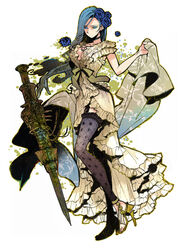  artist_request black_thighhighs blue_eyes blue_flower blue_hair blue_rose dark_blue_hair dress expressionless female flower frills full_body hair_flower hair_ornament long_hair milia_storck photoshop_(medium) rose shiei_no_sona-nyl shoes solo steampunk_(liarsoft) thighhighs weapon yellow_dress 