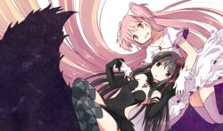  2girls akemi_homura akuma_homura argyle_clothes argyle_legwear bad_id bad_pixiv_id bare_shoulders black_dress black_gloves black_hair dress elbow_gloves gloves hair_ribbon kaname_madoka kyabechi long_hair mahou_shoujo_madoka_magica mahou_shoujo_madoka_magica:_hangyaku_no_monogatari multiple_girls pink_hair pink_legwear purple_eyes ribbon spoilers thighhighs transparent_background two_side_up ultimate_madoka very_long_hair white_dress yellow_eyes yuri 