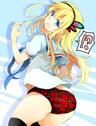  !? asakura_ryousuke black_thighhighs blonde_hair blue_eyes blush commentary_request female headband long_hair open_mouth original panties school_uniform solo thighhighs underwear 