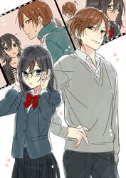  1boy alternate_hairstyle black_hair black_skirt blazer blue_eyes brown_eyes brown_hair commentary_request ear_piercing female genderswap_(ftm) genderswap_(mtf) glasses hagiwara_daisuke hand_on_own_hip hori-san_to_miyamura-kun hori_kyouko jacket katagiri_senior_high_school_uniform long_hair long_sleeves miyamura_izumi piercing pleated_skirt rule_63 school_uniform short_hair skirt smile 