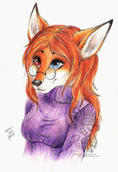  2015 5_fingers amber_(mancoin) anthro black_body black_fur black_nose breasts canid canine clothed clothing drerika eyewear female fingers fox foxyverse fur glasses hair heterochromia hi_res long_hair mammal orange_body orange_fur red_fox red_hair simple_background smile solo traditional_media_(artwork) true_fox watermark white_body white_fur 