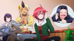  5girls animated animated dark_skin doppel_(monster_musume) eating food manako monster_girl monster_musume_no_iru_nichijou ms._smith multiple_girls red_hair short_hair sitting smile tionishia white_hair zombie zombina 