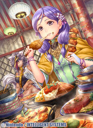  2girls animal_ears commentary_request eating fire_emblem fire_emblem:_radiant_dawn fire_emblem_cipher food fumi_(butakotai) grey_hair ilyana_(fire_emblem) long_hair multiple_girls nailah_(fire_emblem) official_art photoshop_(medium) plate purple_eyes purple_hair wolf_ears 