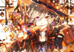  1boy bandaged_neck bandages black_gloves black_hat black_jacket bow candy commentary_request fingerless_gloves food fork_hair_ornament gloves grey_hair grey_shirt halloween hat heterochromia holding holding_candy holding_food holding_lollipop jacket lollipop looking_at_viewer male_focus oerba_yun_fang open_mouth orange_background orange_eyes original pumpkin purple_bow purple_eyes shirt single_glove solo spoon_hair_ornament star_(symbol) tsugutoku white_background witch_hat 