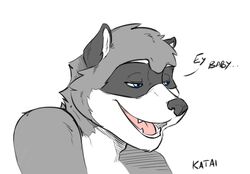  2015 anthro black_body black_fur black_nose blue_eyes bust_portrait cheek_tuft colored dialogue emerald_(katai) english_text facial_tuft fangs fur grey_body grey_fur grey_hair hair half-closed_eyes katai looking_down male mammal multicolored_body multicolored_fur narrowed_eyes nude open_mouth pink_tongue portrait procyonid raccoon simple_background smile solo teeth text tongue tuft white_background white_body white_fur 