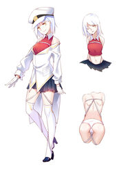  absurdres admiral_(warship_girls_r) aer_(tengqiu) ass back bare_shoulders commentary_request female female_admiral_(kancolle) female_admiral_(warship_girls_r) full_body gloves hat highres jpeg_artifacts looking_at_viewer midriff multiple_views one_eye_closed original panties peaked_cap pleated_skirt reference_sheet short_hair skirt smile suspenders thighhighs underwear white_gloves white_hair white_legwear white_panties yellow_eyes 