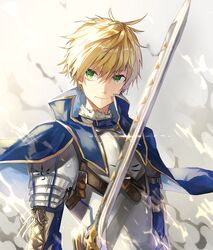  1boy armor arthur_pendragon_(fate) blonde_hair blue_cape cape commentary_request fate/prototype fate_(series) green_eyes grey_background highres holding holding_sword holding_weapon long_sleeves male_focus smile solo sword tsugutoku weapon white_background 