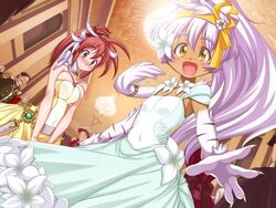  2girls :d animal_ears blue_eyes blush bow breasts brown_hair cat_ears cleavage cony_il_ricoeur dress dutch_angle eyebrows fangs flower formal game_cg gem gokokukyou green_dress hair_ribbon high_ponytail jpeg_artifacts long_hair multiple_girls nose_blush official_art open_mouth ponytail purple_hair ribbon shera_makisu small_breasts smile souten_no_celenaria steampunk_(liarsoft) tan yellow_bow yellow_dress yellow_eyes 