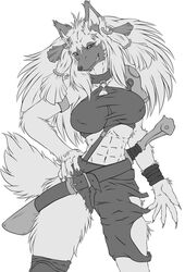  5_fingers abs anthro athletic breasts canid canine canis clothed clothing feda:_the_emblem_of_justice female fingers greyscale grin hi_res looking_at_viewer mammal midriff monochrome muscular muscular_female piercing racebalto shelly_laqusomacus shoulder_guard simple_background smile solo wolf 