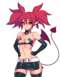  alternate_breast_size breasts choker closed_mouth commentary demon_girl demon_tail demon_wings disgaea earrings elbow_gloves etna_(disgaea) female gloves hands_on_own_hips hevn jewelry leather leather_gloves looking_at_viewer midriff navel o-ring o-ring_choker pointy_ears red_eyes red_hair short_eyebrows side_slit simple_background skull_earrings small_breasts smile solo tail thick_thighs thighhighs thighs twintails white_background wings 