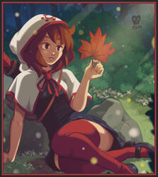  arrow_(projectile) black_dress border breasts brown_eyes brown_hair capelet commentary commission dress english_commentary female forest hood joakim_sandberg kaho_(momodora) leaf light_rays mary_janes momodora:_reverie_under_the_moonlight nature quiver red_border red_thighhighs shoes sitting small_breasts solo thighhighs yokozuwari zettai_ryouiki 