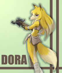  2010 anthro canid canine crossbow dora_systeel feda:_the_emblem_of_justice female fox hair holding_crossbow leg_wraps long_hair low_res mammal ranged_weapon ryu_masakaze solo weapon wraps 