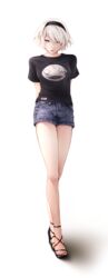  2b_(nier:automata) arms_behind_back black_shirt blue_eyes blue_shorts breasts casual collarbone commentary copyright_name denim denim_shorts emil_(nier) female full_body highres kururi_(oekaki_nikki) legs looking_at_viewer medium_breasts mole mole_under_mouth nail_polish nier:automata nier_(series) no_blindfold parted_lips print_shirt red_nails shirt short_hair short_shorts short_sleeves shorts simple_background solo standing strappy_heels teeth toenail_polish toenails toes upper_teeth_only white_background white_hair 