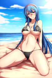  beach bikini black_bikini blue_hair breasts commentary_request female gakuen_taisen_valkyries glasses highres large_breasts looking_at_viewer nagioka navel outdoors sabra_greengold skindentation solo swimsuit 