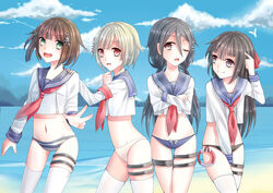  4girls absurdres akatsuki_(warship_girls_r) armband bad_anatomy bad_id bad_pixiv_id beach bikini bikini_bottom_only black_hair blonde_hair bow brown_eyes brown_hair crop_top crop_top_overhang crossed_arms d; from_side green_eyes hair_ornament hairbow hand_on_another&#039;s_shoulder hibiki_(warship_girls_r) highres ikazuchi_(warship_girls_r) inazuma_(warship_girls_r) long_hair looking_at_another looking_at_viewer low_twintails midriff multiple_girls navel no_pants one_eye_closed open_mouth red_eyes saikou-iro_aurora sailor_collar school_uniform serafuku short_hair smile swimsuit thigh_gap thigh_strap thighhighs twintails warship_girls_r water white_legwear 