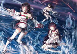  3girls aoba_(warship_girls_r) bare_shoulders battle braid commentary damaged detached_sleeves firing furutaka_(warship_girls_r) green_eyes hairband kinugasa_(warship_girls_r) long_hair luoye machinery multiple_girls night open_mouth photoshop_(medium) red_eyes skirt sword thighhighs twin_braids walking walking_on_liquid warship_girls_r water weapon white_legwear 