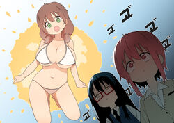  3girls bikini black_hair blush breast_envy breasts brown_hair bural_chingu cardigan cleavage commentary glasses green_eyes hair_between_eyes half-closed_eyes ham_na-bi head_tilt huge_breasts ju_hyeon-mi korean_commentary large_breasts lee_ji-eun long_hair looking_at_viewer luke_(dydansgur) multiple_girls necktie open_mouth pink_hair red-framed_eyewear red_eyes sanpaku school_uniform shadow shirt short_hair short_hair_with_long_locks short_twintails smile swimsuit twintails vest yellow_eyes 